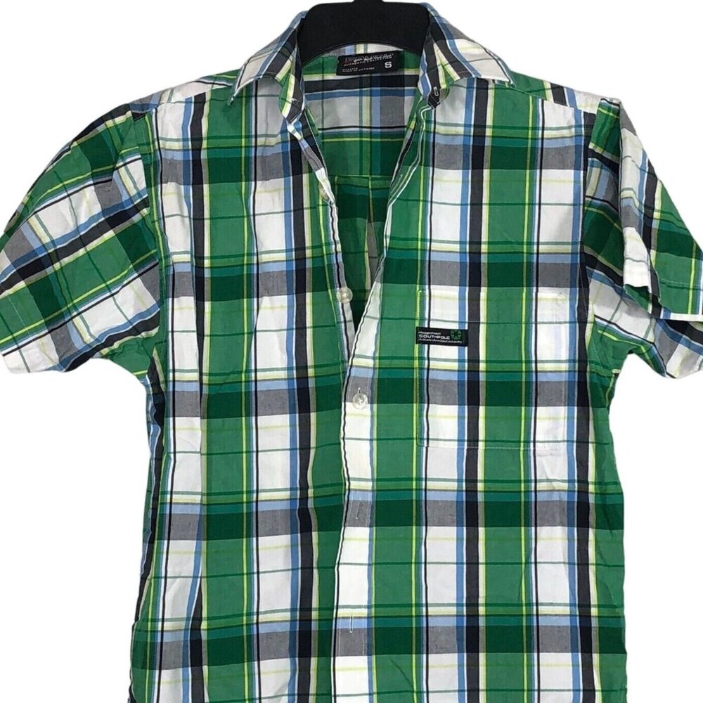 SouthPole Button Up Shirt Boys Size S Green White Plaid Short Sleeve
